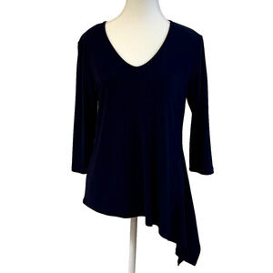 Clara Sunwoo Navy Blue Asymmetrical Tunic Top Size Small Made in USA Travel Knit